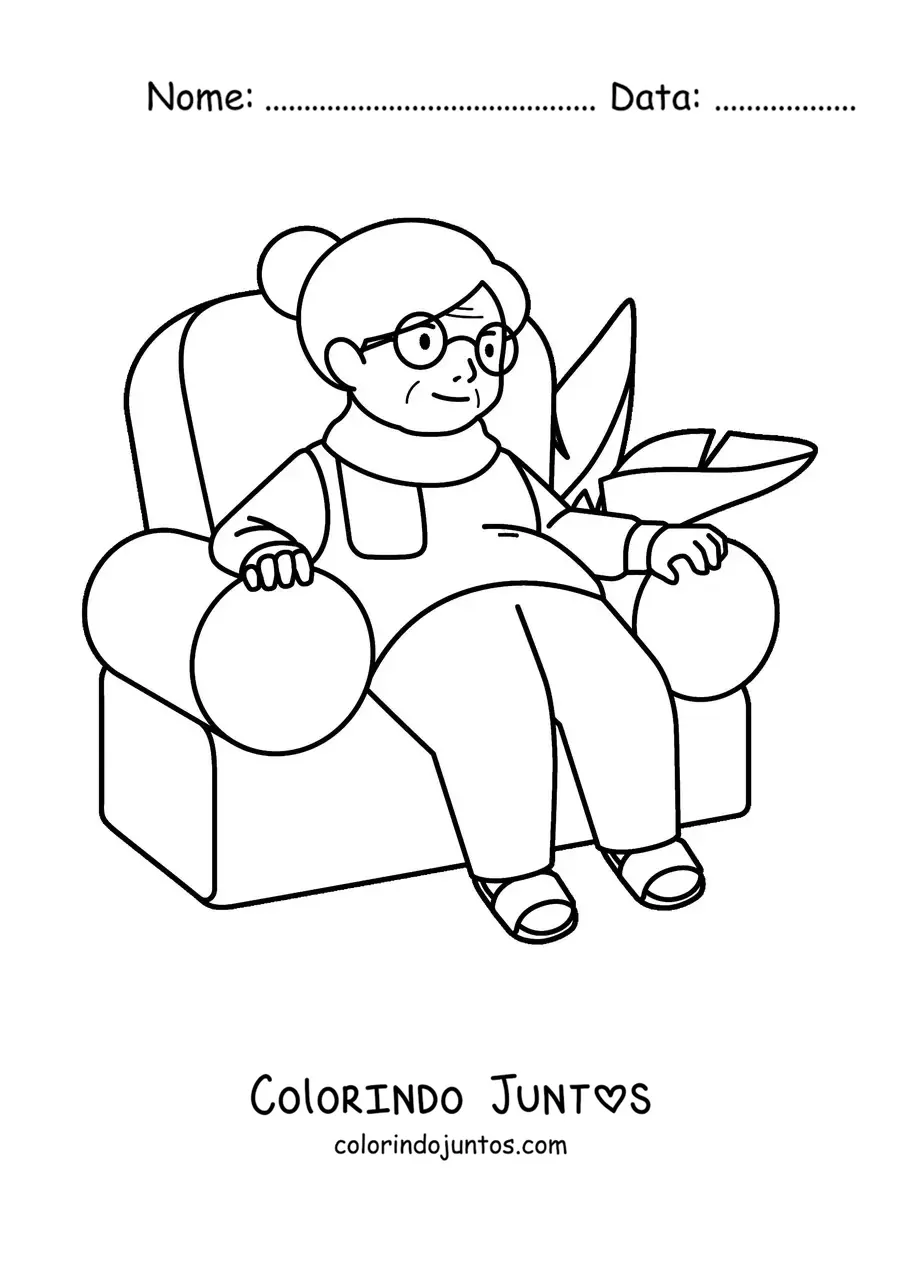 Desenho para colorir de uma vovó sentada em uma poltrona