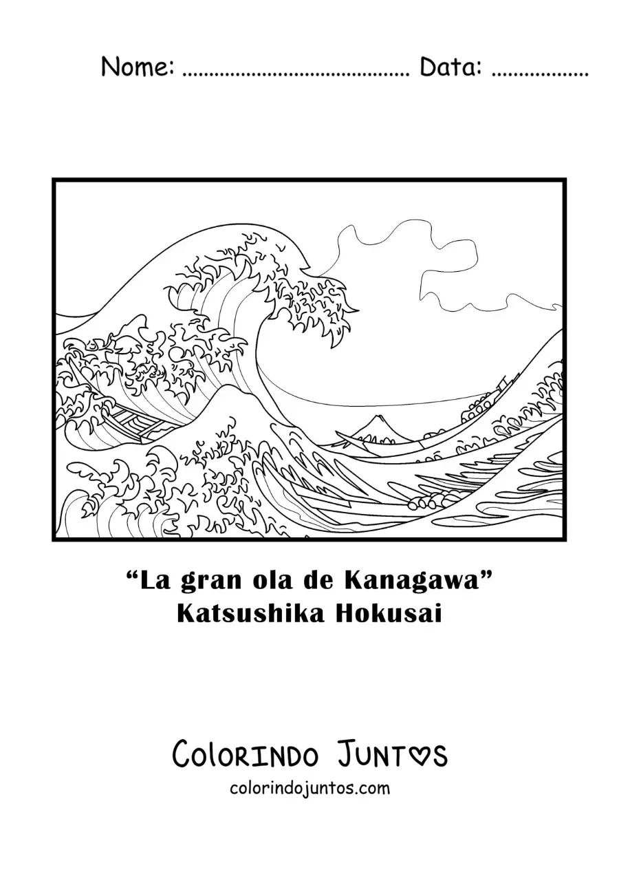 Desenho para colorir da Grande Onda de Kanagawa de Katsushika Hokusai