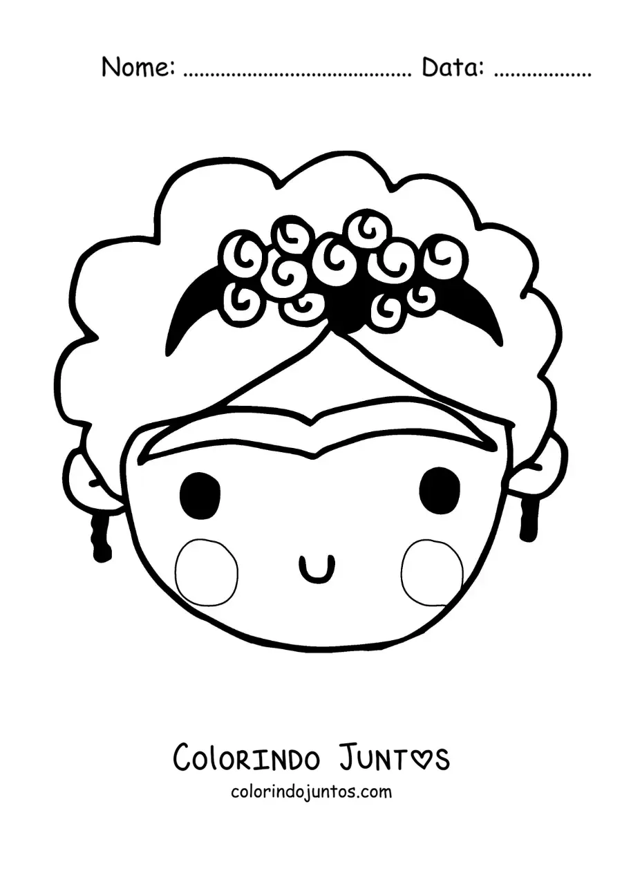 Desenho para colorir de uma caricatura kawaii de Frida Kahlo para criancas