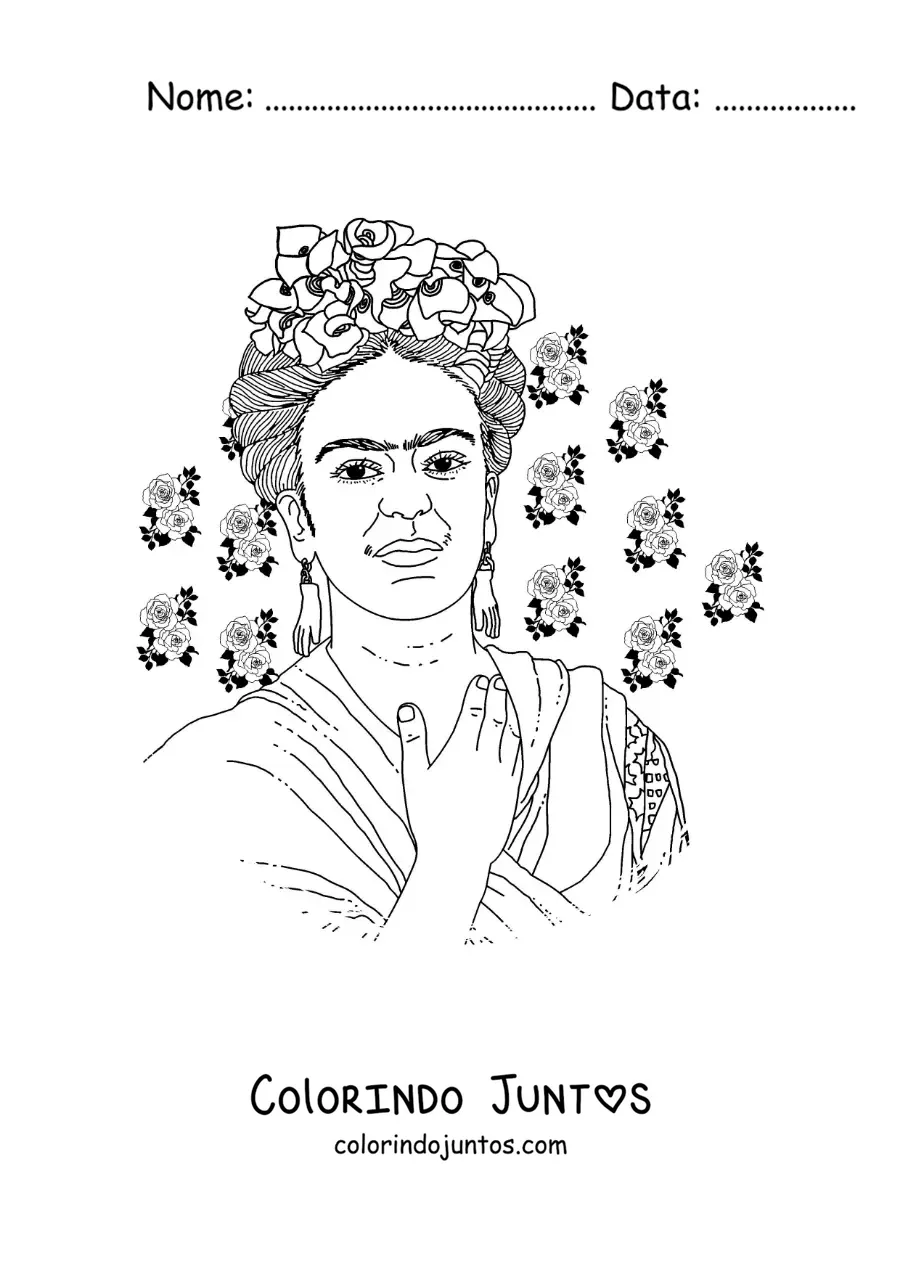 Desenho para colorir de um retrato de Frida Kahlo com flores