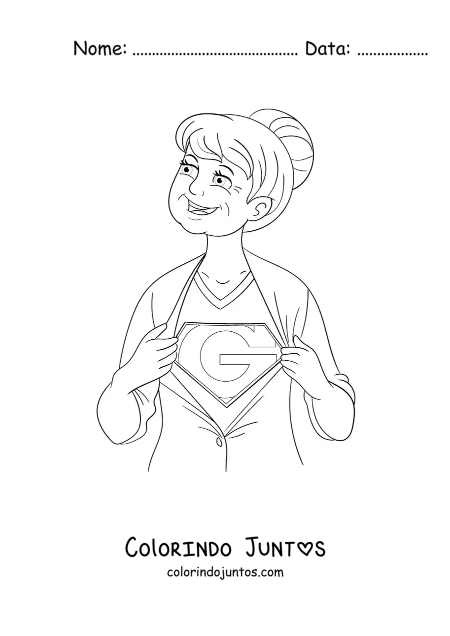 Desenho para colorir de uma vovó com traje de super-heroína