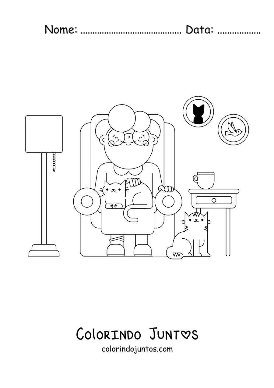 Desenho para colorir de uma vovó sentada em uma sala com gatos