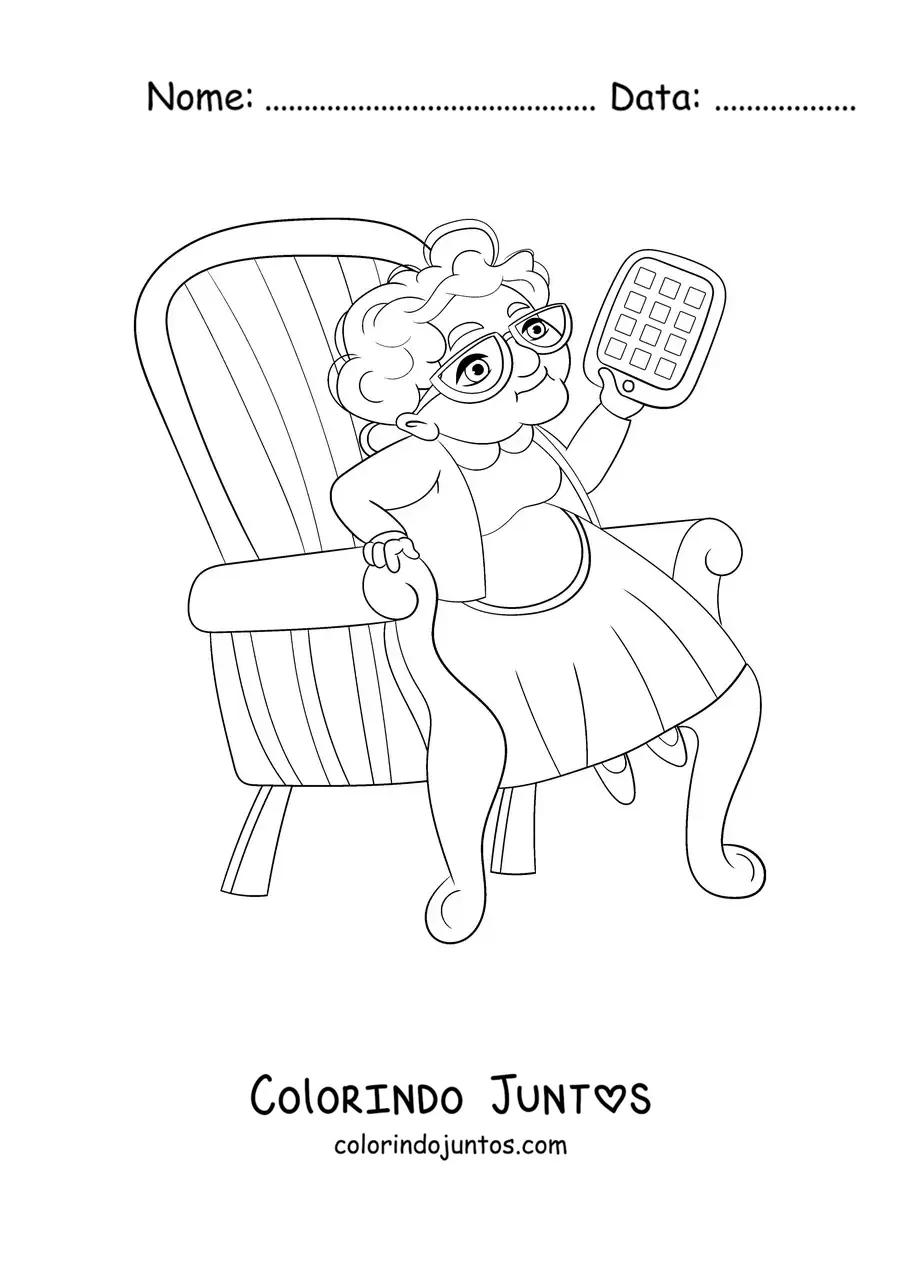 Desenho para colorir de uma vovó segurando um tablet
