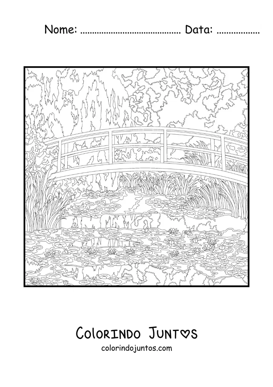 Desenho para colorir de quadro de Nenúfares de Claude Monet no estilo impressionista