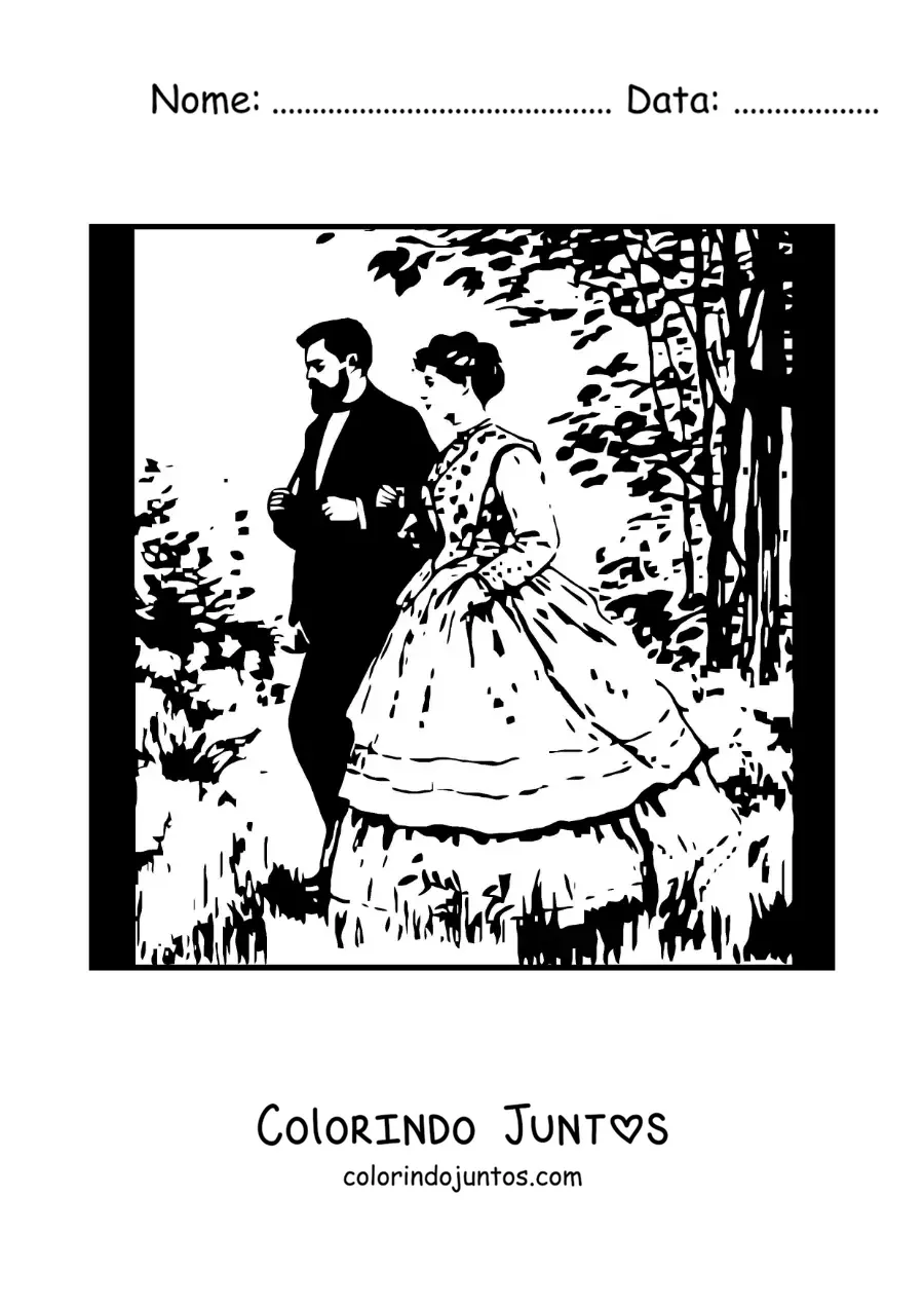Desenho para colorir de retrato impressionista de um casal no estilo de Monet
