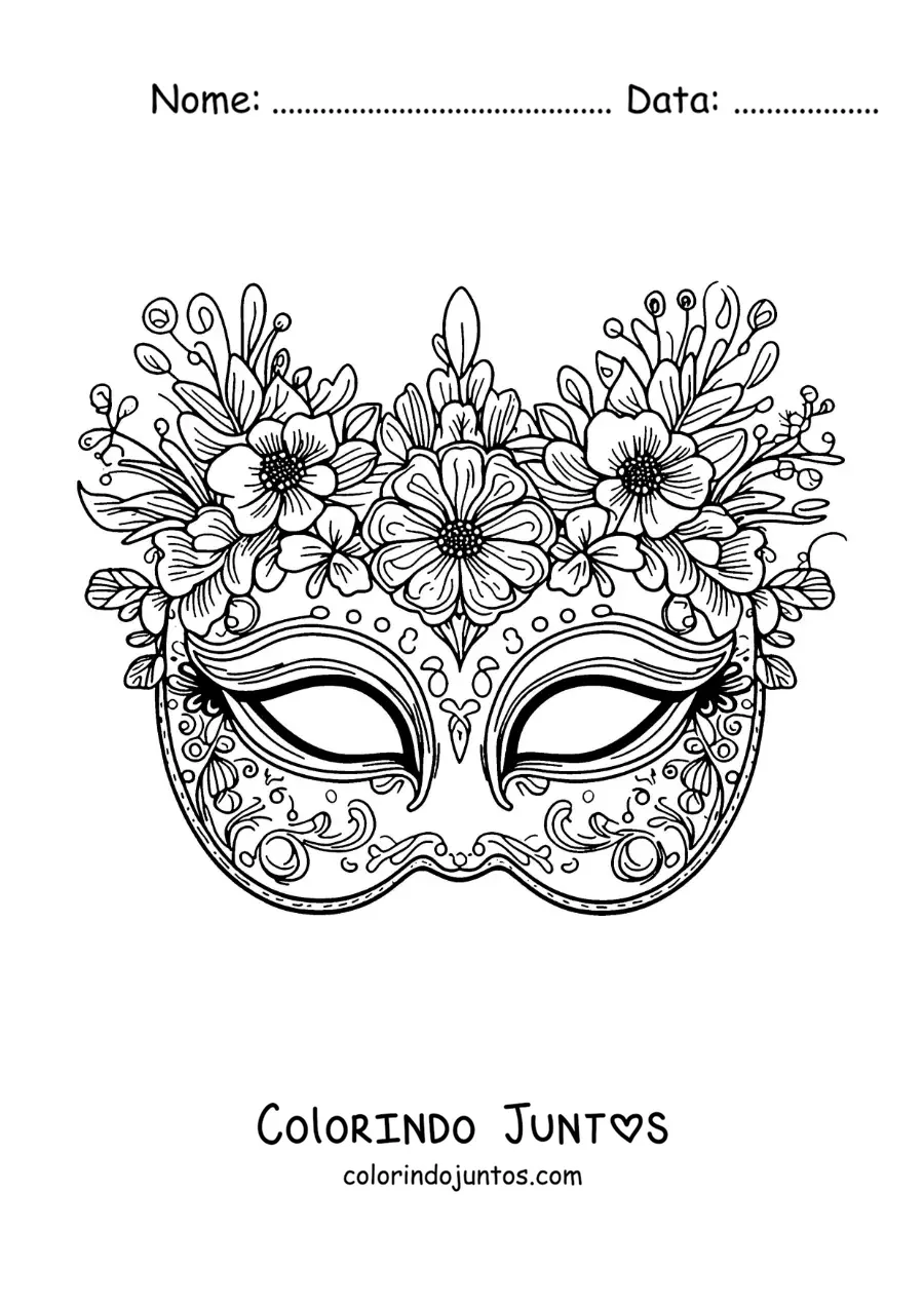 Desenho para colorir de máscara de carnaval com flores