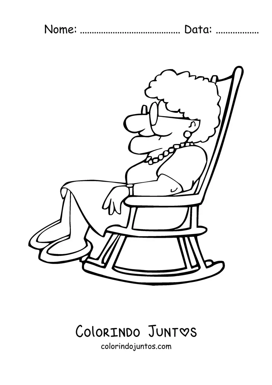 Desenho para colorir de uma vovó sentada de perfil em uma cadeira de balanço