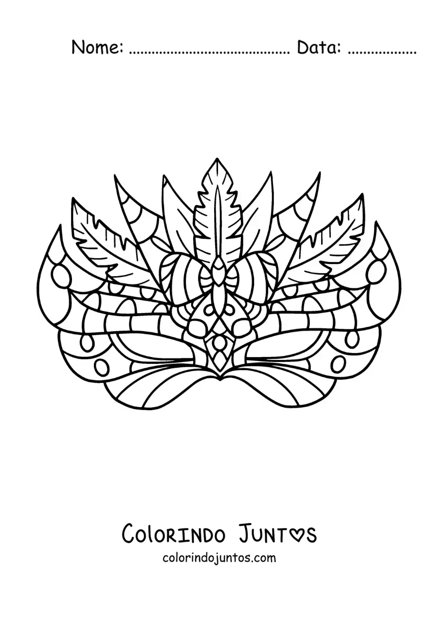 Desenho para colorir de máscara de carnaval decorada com penas