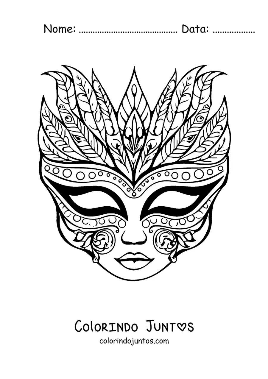 Desenho para colorir de máscara veneziana com penas