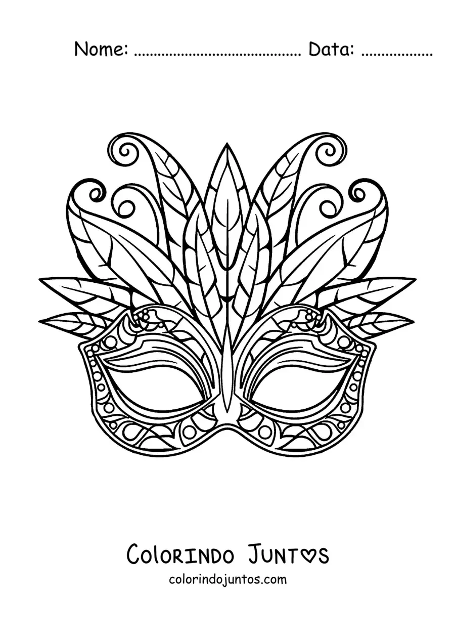 Desenho para colorir de máscara de carnaval com formas geométricas e penas