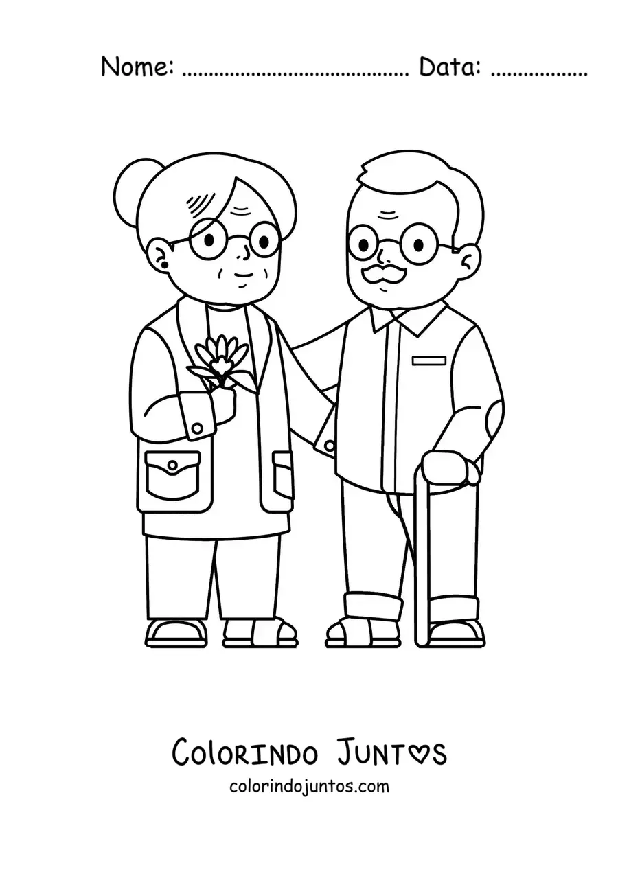 Desenho para colorir de uma vovó ao lado de um vovô com bengala