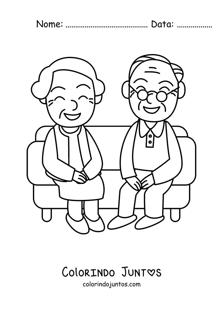 Desenho para colorir de uma vovó e um vovô sentados em um sofá