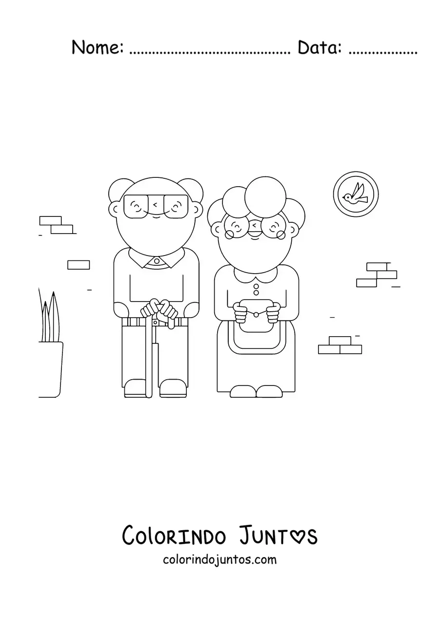Desenho para colorir de uma vovozinha ao lado de um vovozinho