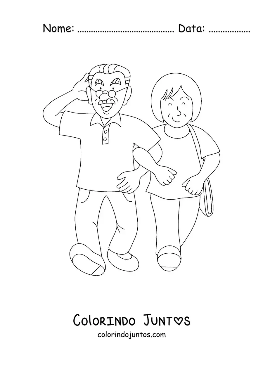 Desenho para colorir de uma vovó e um vovô caminhando juntos