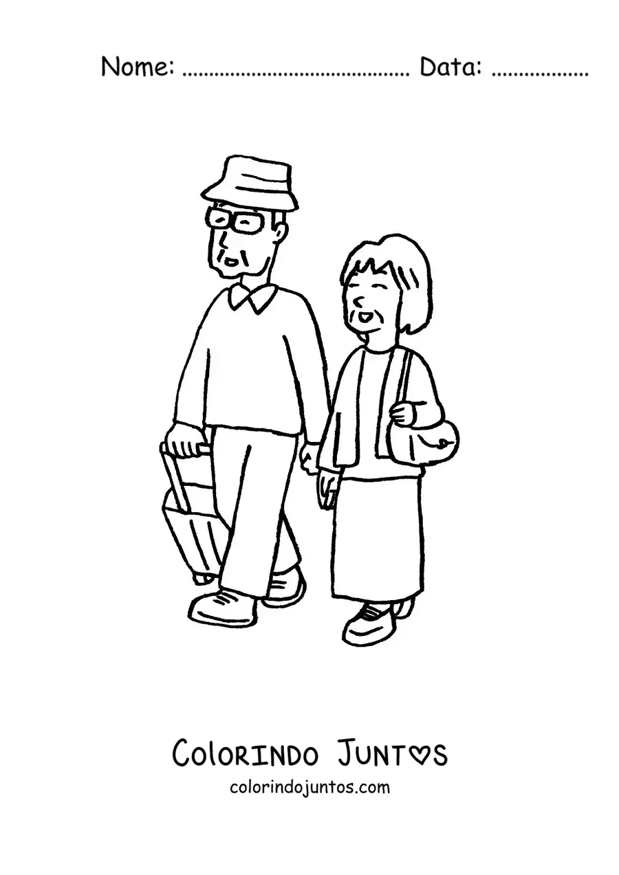 Desenho para colorir de uma vovó e um vovô com bagagem de viagem