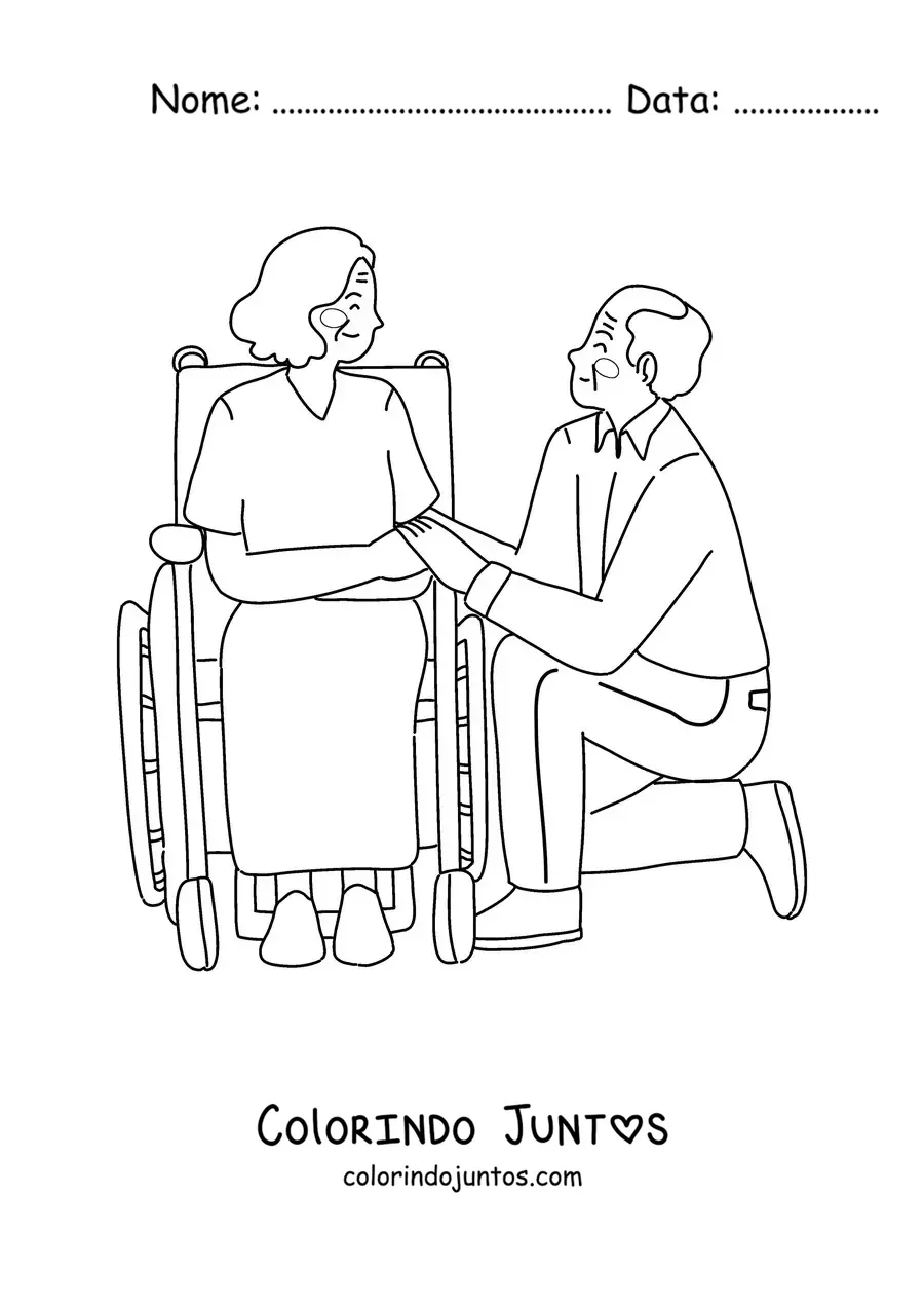 Desenho para colorir de um vovô ajoelhado ao lado de uma vovó em cadeira de rodas