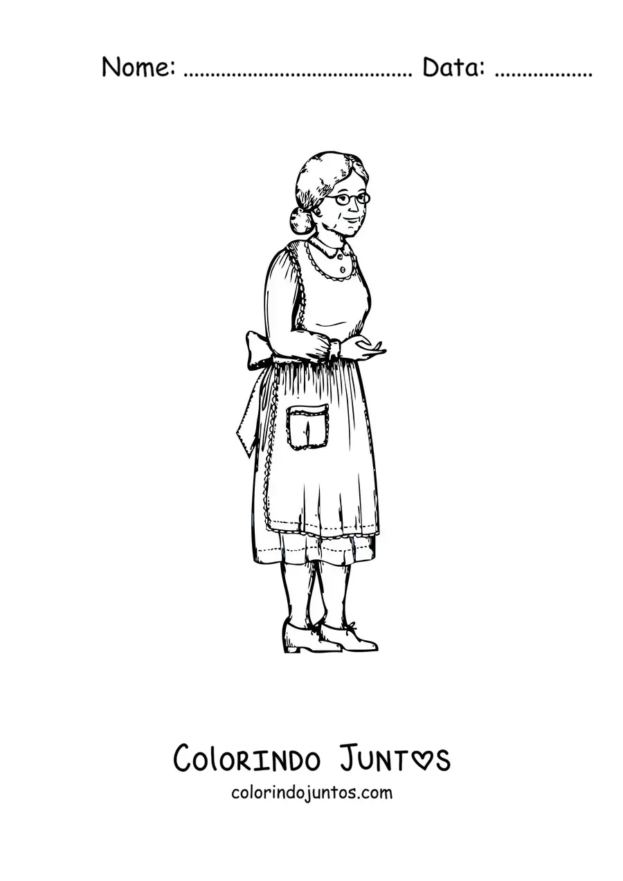 Desenho para colorir de uma vovozinha com avental e óculos