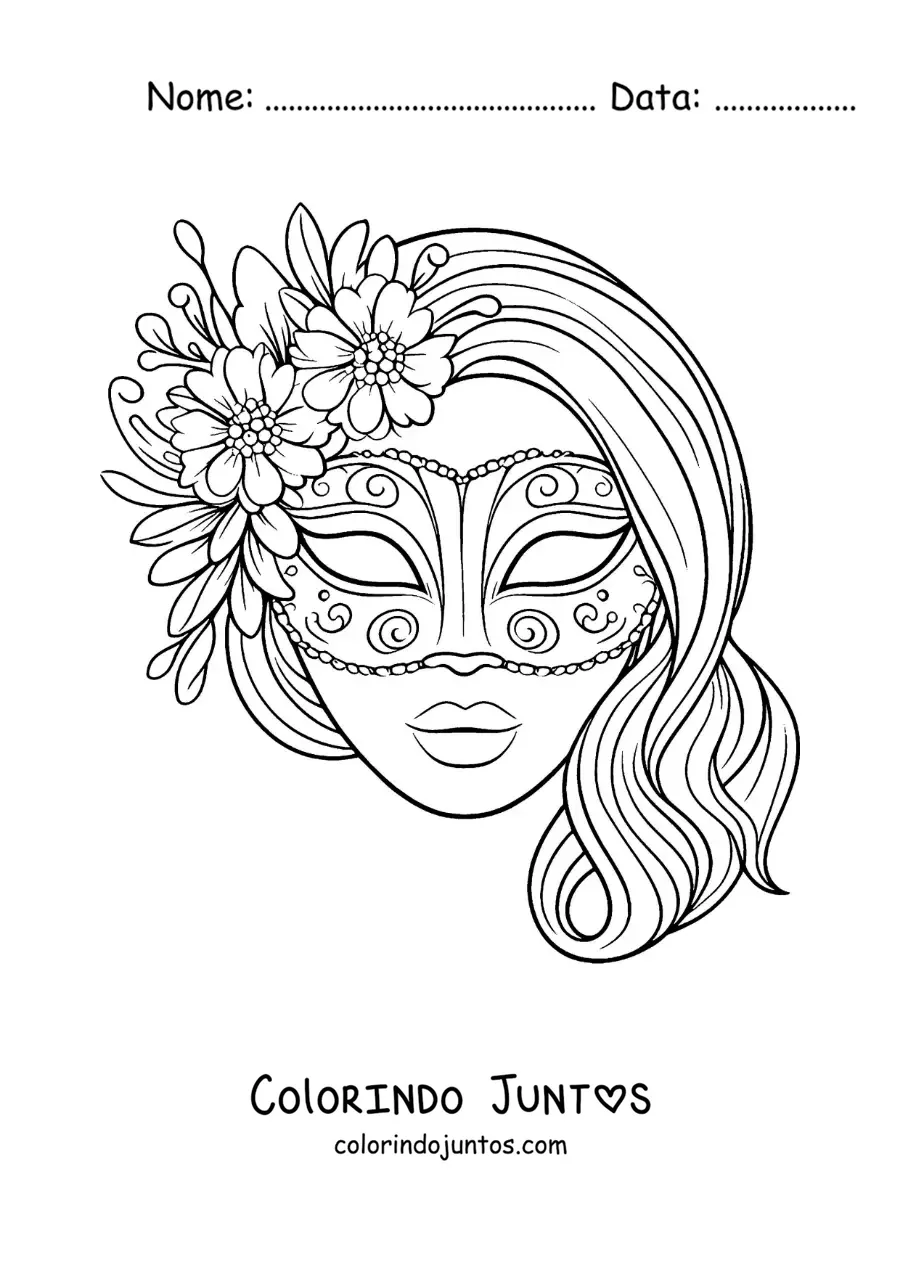 Desenho para colorir de máscara de rainha do carnaval com flores para meninas
