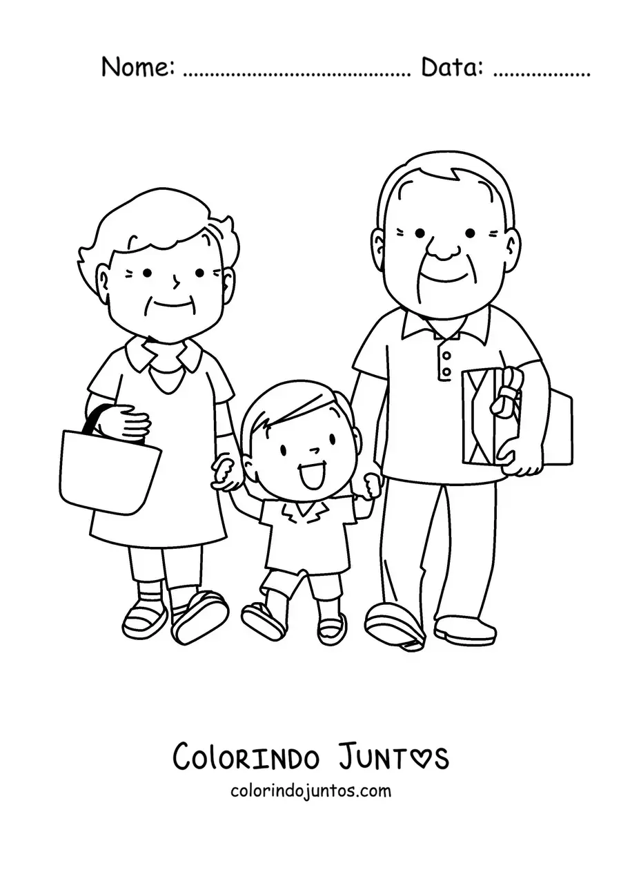 Desenho para colorir de um casal de avós levando o neto pela mão
