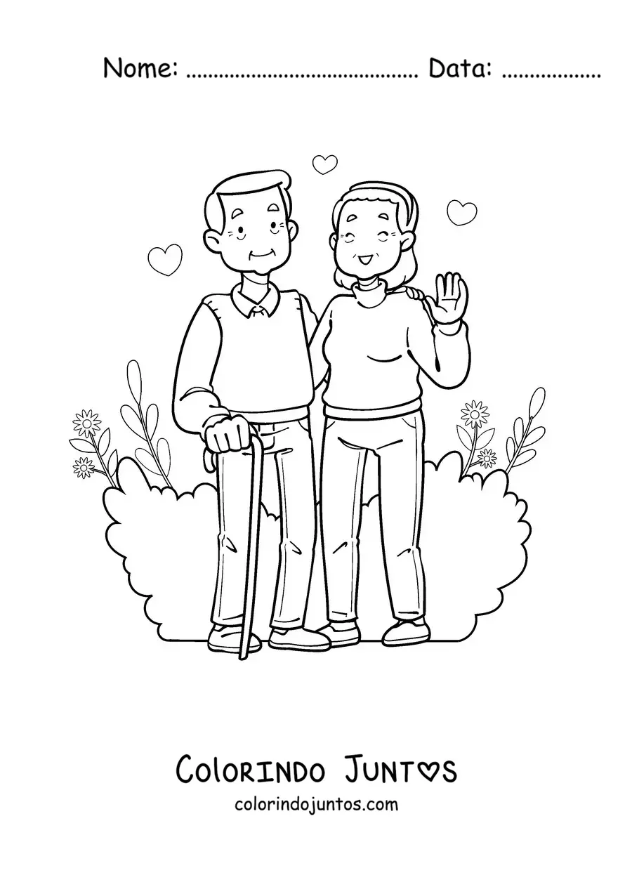 Desenho para colorir de um casal de avós acenando alegres