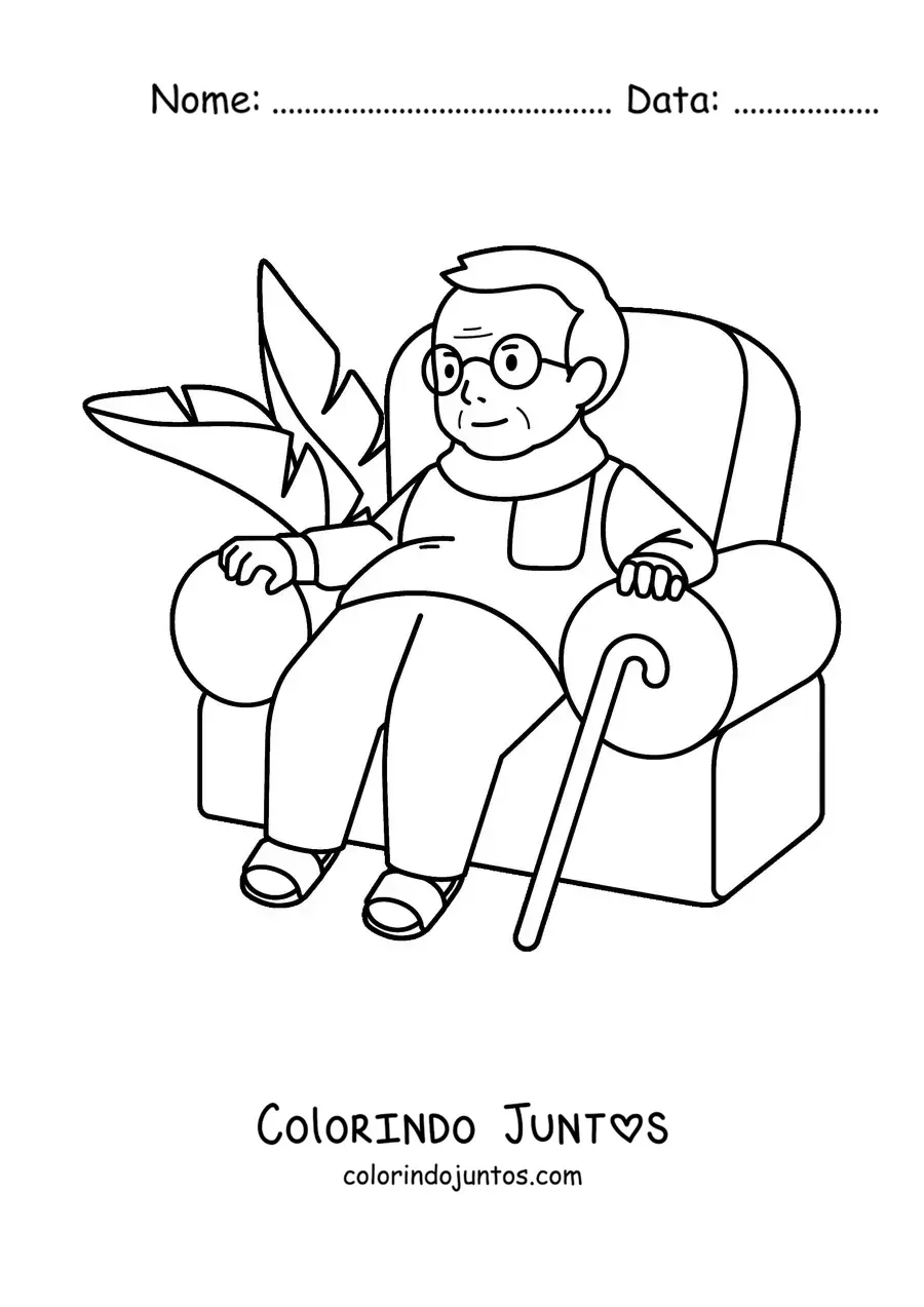 Desenho para colorir de um vovô com bengala sentado em uma poltrona