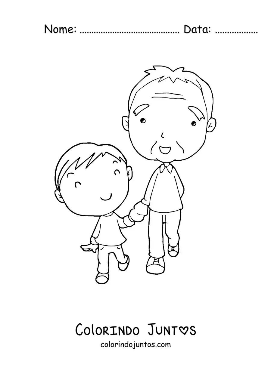 Desenho para colorir de um vovô kawaii em pé ao lado do neto