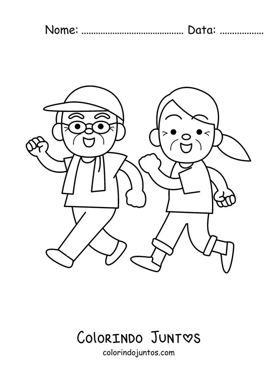 Desenho para colorir de um casal de avós fazendo exercício