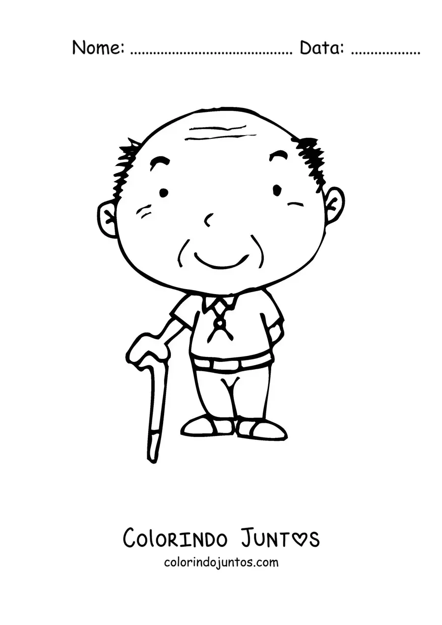 Desenho para colorir de um vovô kawaii sorridente em pé com uma bengala