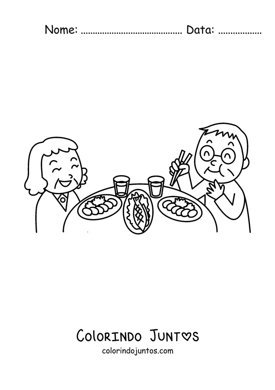 Desenho para colorir de um vovô e uma vovó jantando