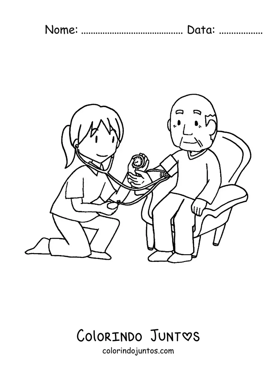 Desenho para colorir de um vovô em consulta médica ao lado de uma médica
