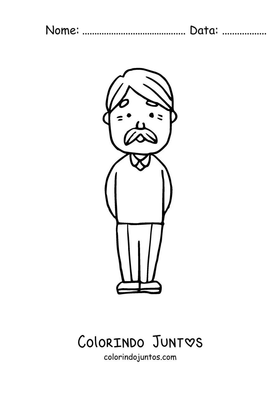 Desenho para colorir de um vovô em pé com bigode e um suéter