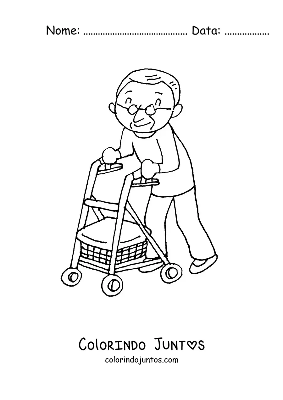 Desenho para colorir de um vovô kawaii caminhando com um andador