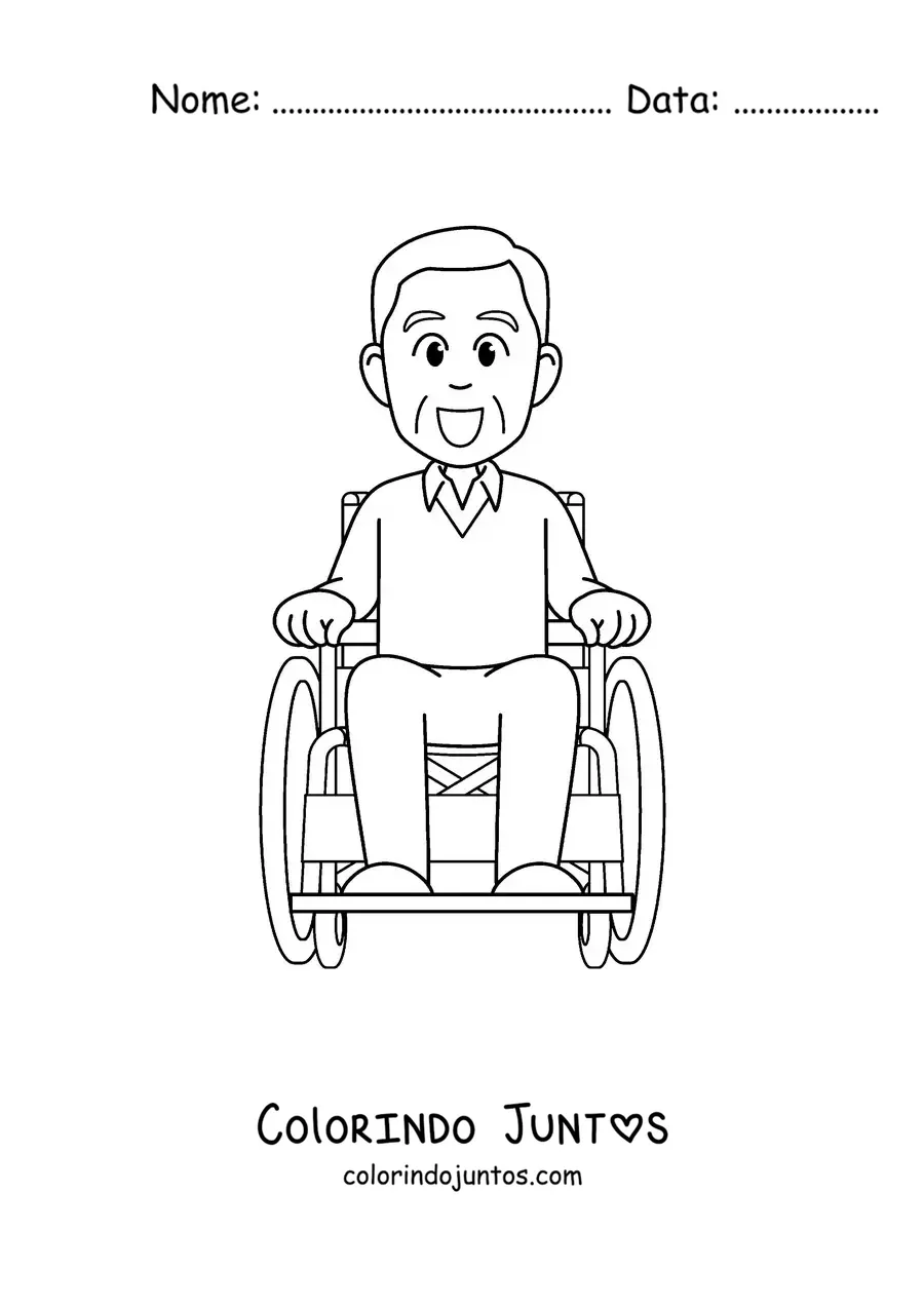 Desenho para colorir de um vovô kawaii sorridente em uma cadeira de rodas