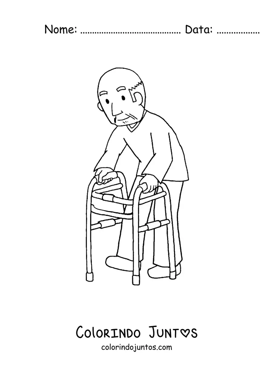 Desenho para colorir de um vovô com um andador