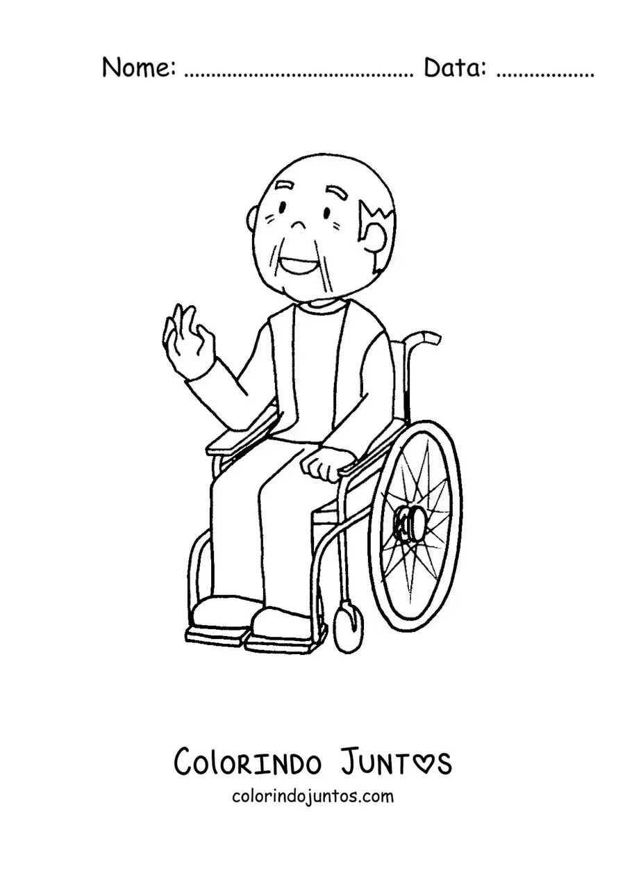 Desenho para colorir de um vovô em uma cadeira de rodas acenando