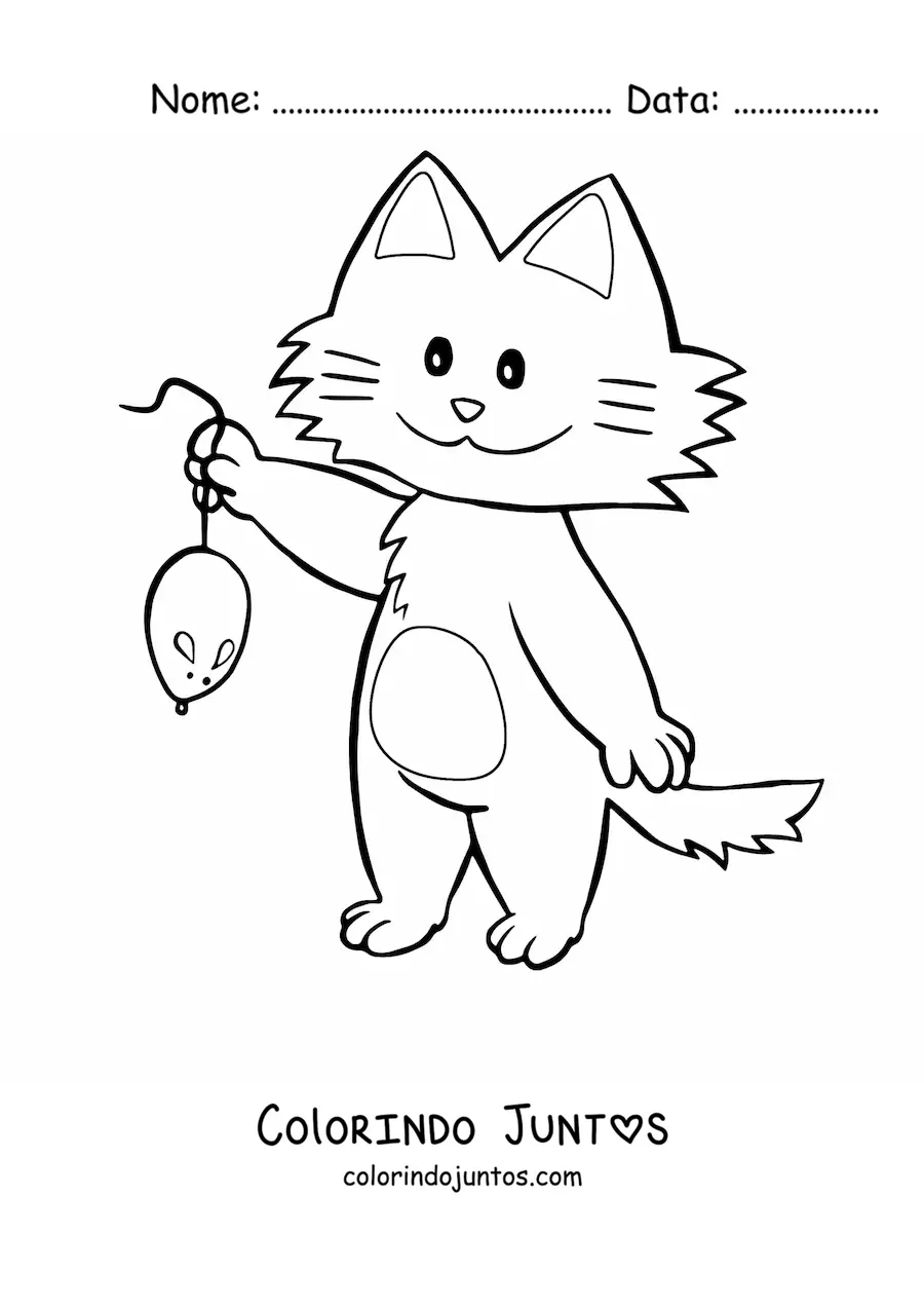 Desenho para colorir de um gato animado segurando um rato pela cauda