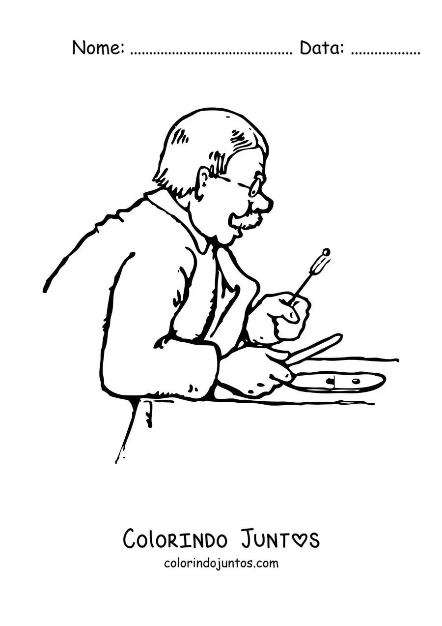 Desenho para colorir de um vovô de óculos comendo