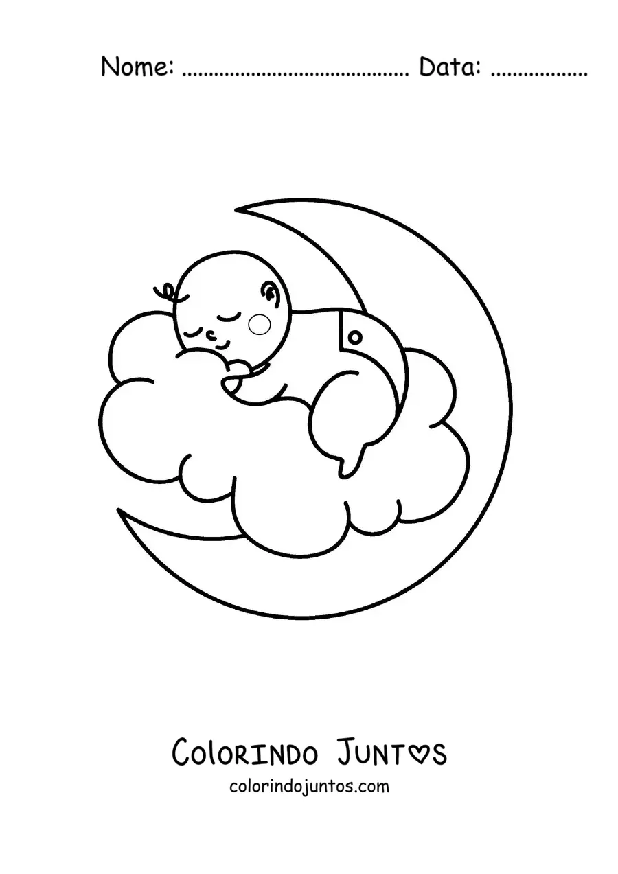 Desenho para colorir de um bebê recém-nascido dormindo em uma nuvem sobre a Lua