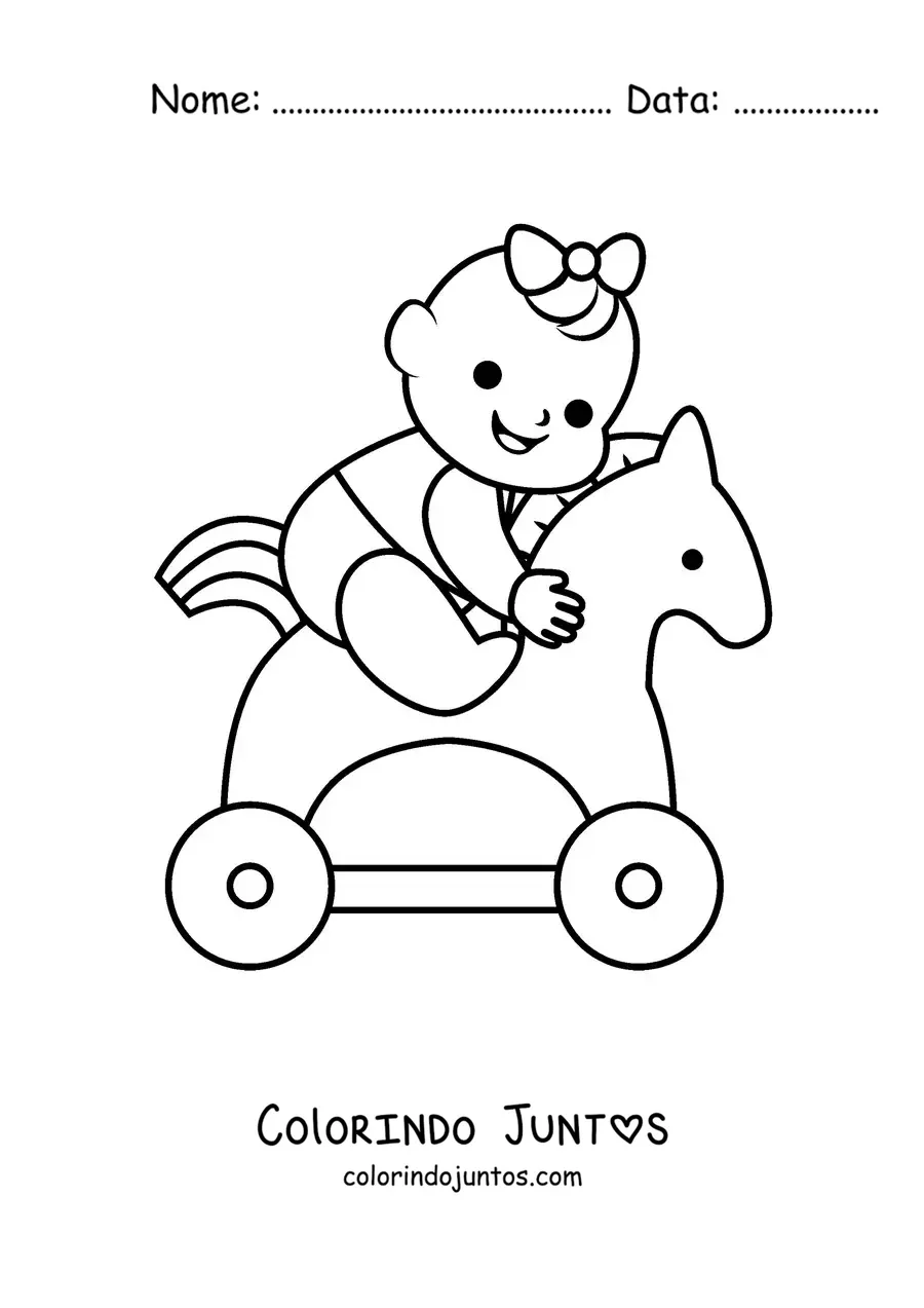 Desenho para colorir de uma bebê menina brincando em um cavalinho de brinquedo