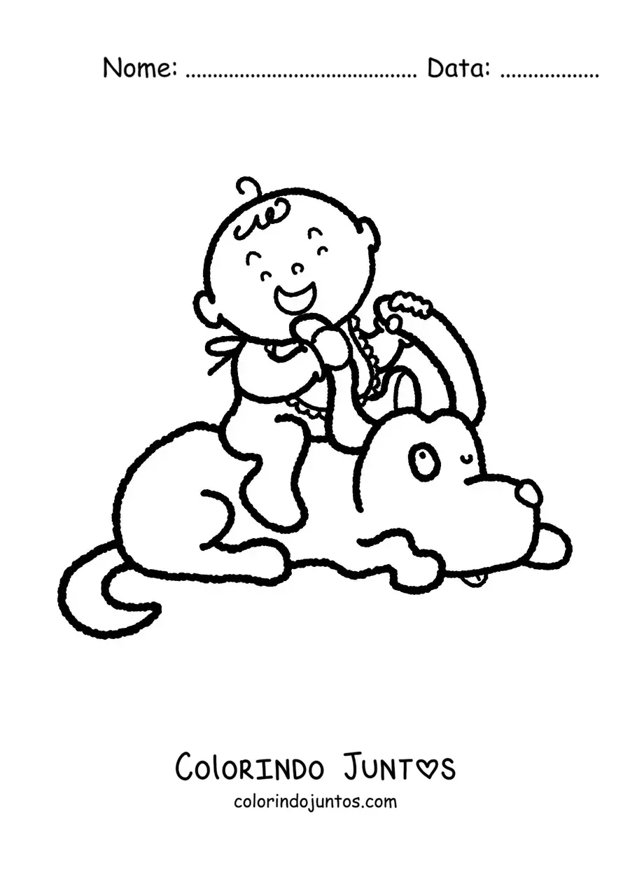 Desenho para colorir de um bebê feliz sobre um cachorro animado