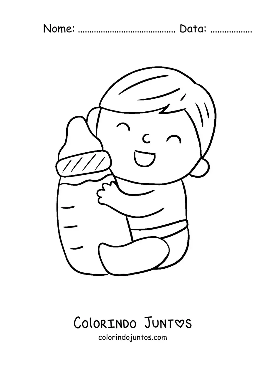 Desenho para colorir de um bebê de fraldas abraçando uma mamadeira