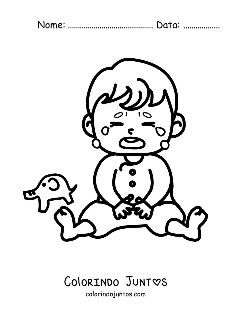 Desenho para colorir de um bebê sentado chorando ao lado de um brinquedo