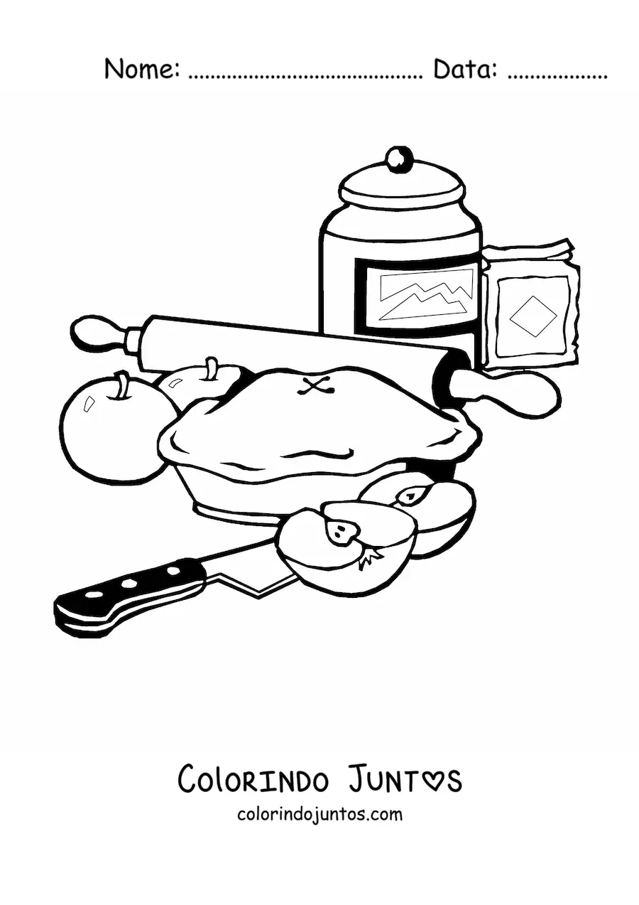 Desenho para colorir de uma torta de maçã com ingredientes, uma faca e um rolo de massa