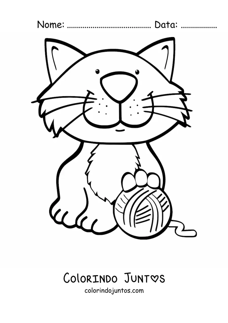 Desenho para colorir de um gato animado sentado brincando com um novelo