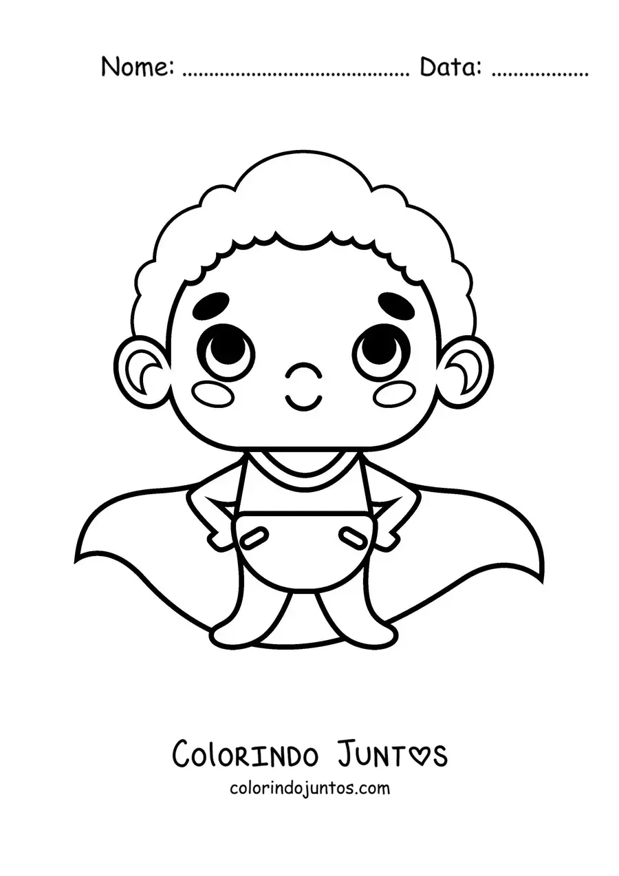 Desenho para colorir de um bebê de fraldas com capa de super-herói