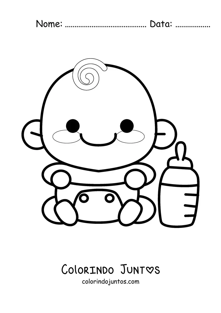 Desenho para colorir de um bebê kawaii de fraldas ao lado de uma mamadeira