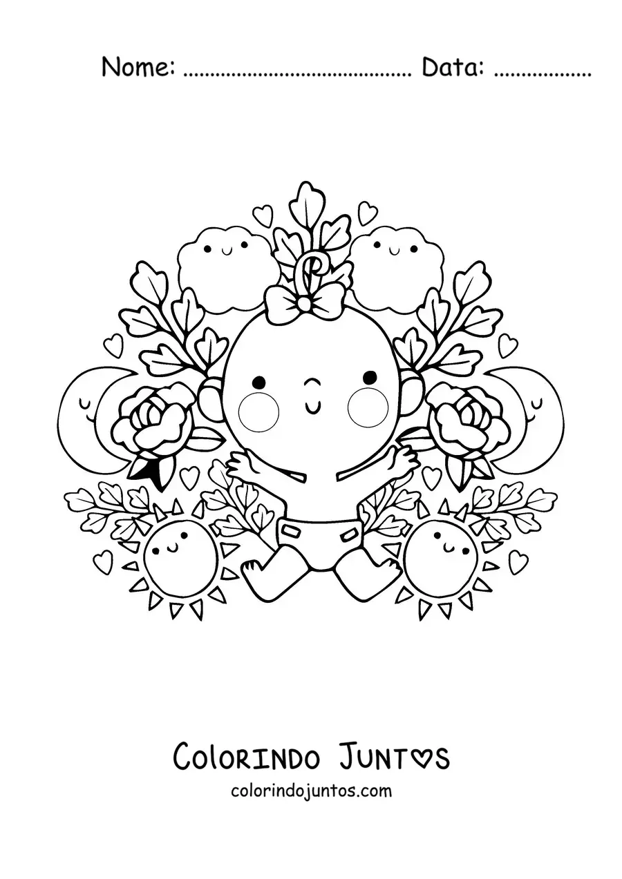 Desenho para colorir de uma bebê kawaii rodeada de flores animadas