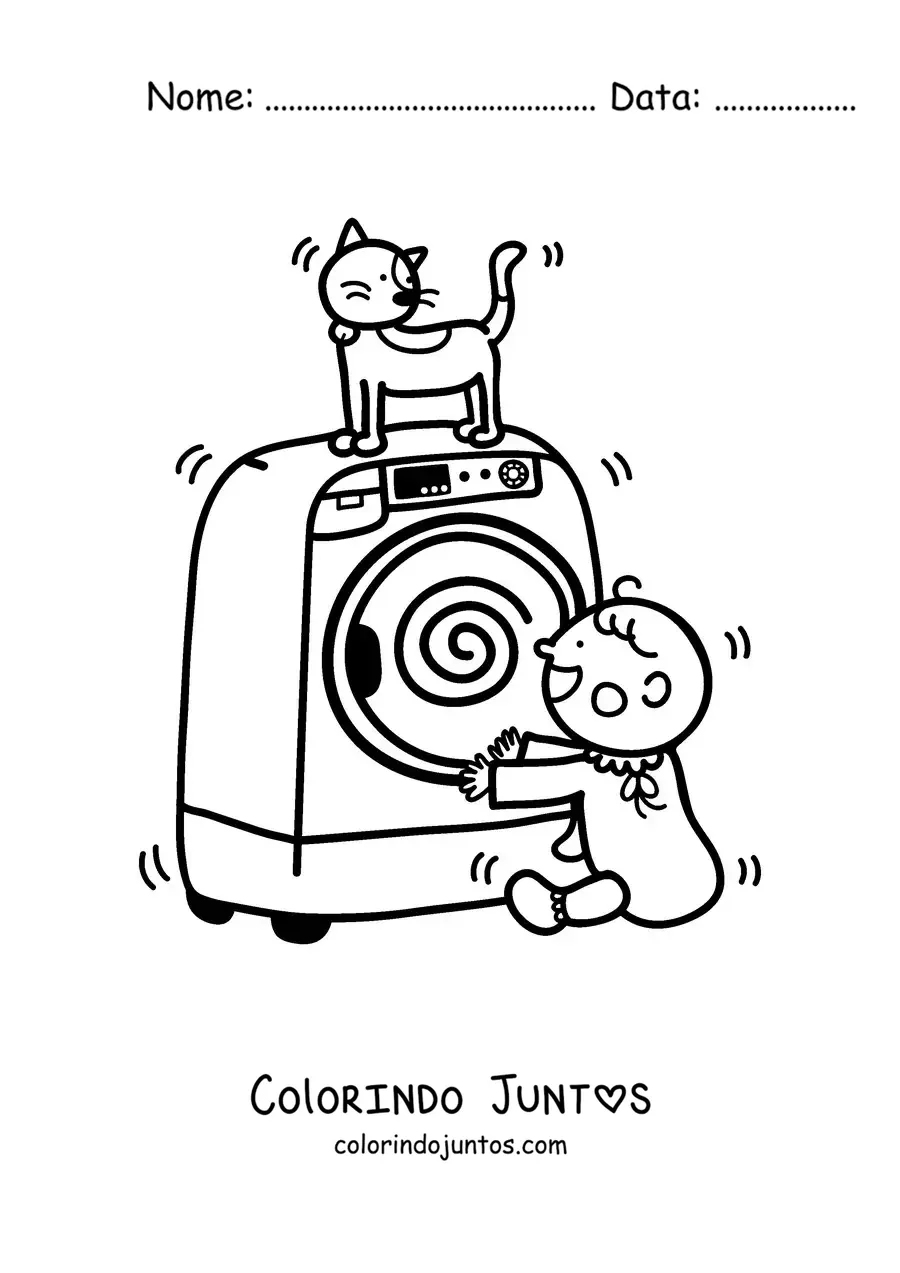 Desenho para colorir de um bebê brincando com um gato animado sobre uma secadora