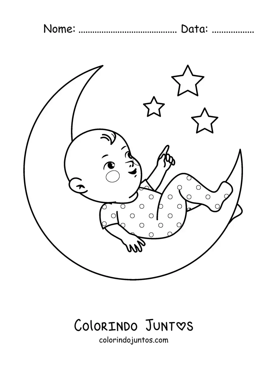 Desenho para colorir de um bebê deitado sobre a Lua olhando as estrelas