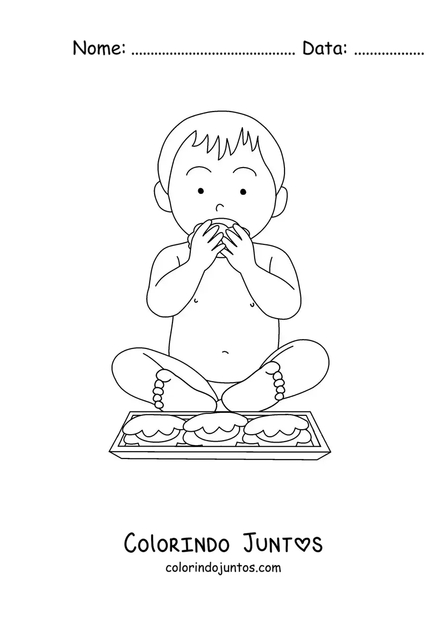 Desenho para colorir de um bebê sentado comendo com as mãos